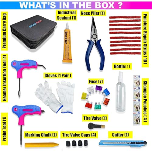 Image of amiciAuto Universal Tubeless Tyre Puncture Repair Kit with 2 in 1 Reamer tool for Tubeless Tyre with Premium Storage Bag for Car, Bike, SUV, & Motorcycle