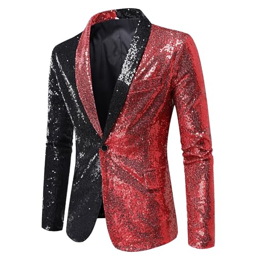Men's Sequin Shiny Blazer Color Block Prom Suit Jacket One Button Party Sport Coat