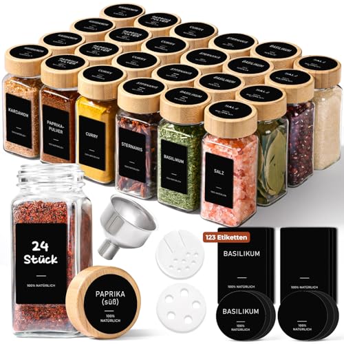 ComSaf Gewürzgläser Eckig mit Etiketten (24×120ml), Gewürzstreuer Glas mit Bambusdeckel, Gewürzdosen Streueinsatz und Edelstahltrichter, Gewürz Organizer, Gewürzbehälter, Spice Jars
