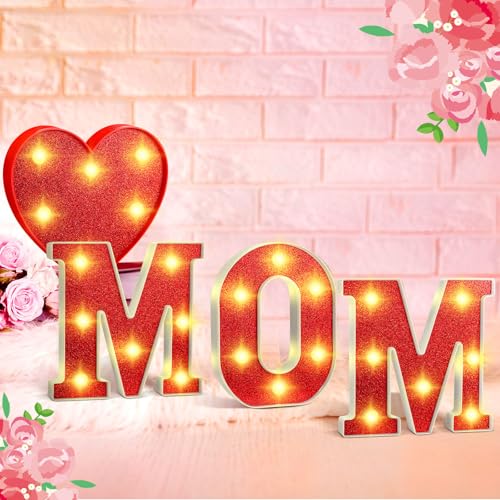 Image of Aurelema 4 Pcs Mother's Day LED Lights Light up Letters Mom Light Sign Battery Powered Heart up Letters for Mom Party Decor Night Home Family Supplies(Red)