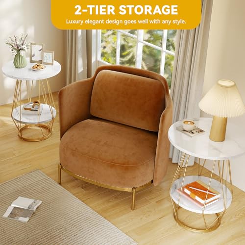 DWVO 2PCS Gold End Table, Modern Round Side Table with 2-Tier Storage Sheld, Small Sofa Table Coffee Table with Faux Marble Top for Living Room, Bedroom, White & Gold
