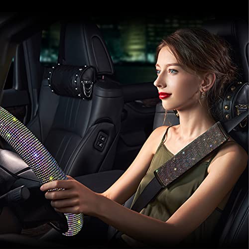 JINGSEN 11 Pcs Bling Car Accessories Set,Bling Car Accessories Set for Women,Steering Wheel Cover for Women Universal Fit 15 Inch,Rhinestone Center Console Cover(Multicolor)