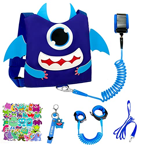 Harnais Enfant,5 In 1 Laisse Pour Enfant set-Anti-perte Sangle Pour Bébé,Laisse Enfant Poignet,Porte-Clés Cloche et Autocollant,pour Empêcher Les Enfants de Se Perdre(Bleu) Cover