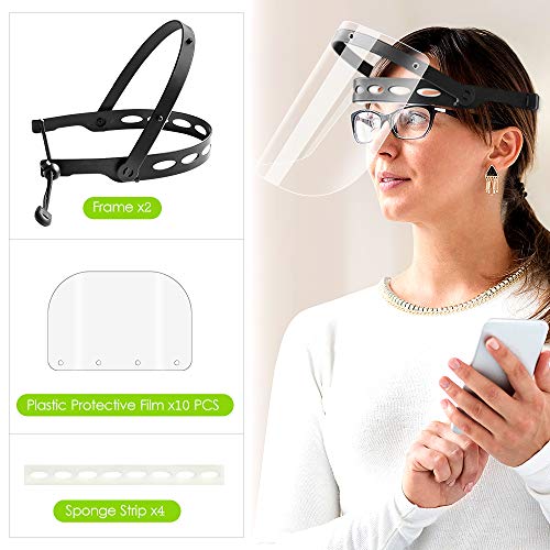 Ewa Adjustable Face Shield（2Pack+10Visors）, All-Round Protection Cap With Clear Anti-Fog Shields, Lightweight Transparent Face Shields(2 Support Frame + 10 Replaceable Visors+ 4 Sponge Strips)-Black #TOP1