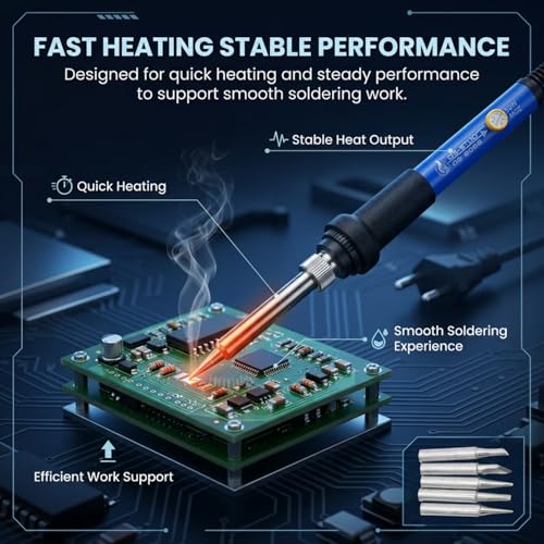 Image of 60W Adjustable Temperature Soldering Iron Kit Set with 5 Tips (Conical, Flat, Pointed, Round Tip) | 220V Original Rework Station Tool for PCB, DIY & Electronic Repair (Blue)