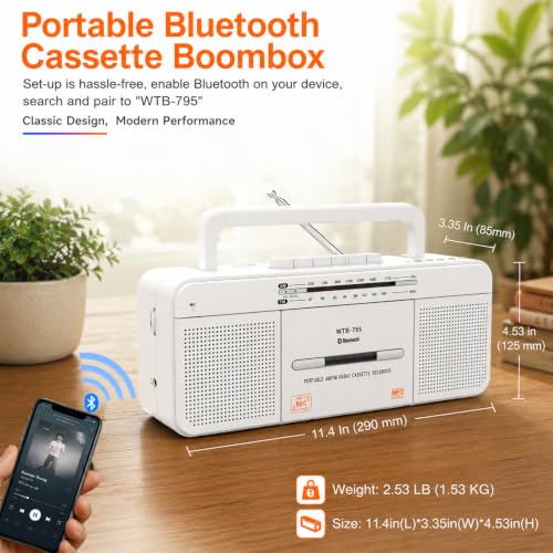 Image of Cassette Player Boombox, Portable AM /FM Radio Stereo with Bluetooth, USB, Dual Big Speaker, Earphone Jack, Record to Cassettes /USB via Mic,Cassette to MP3 Converter,AC /DC Powered