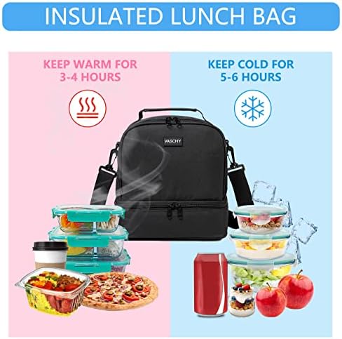 VASCHY Lunch Bag for Men, 9.8L Insulated Lunch Box Bag for Women Leakproof Dual Compartments Thermos Cooler Bag Water Resistant Thermal Lunch Tote Bags for Adult for Work Outdoor Picnic School(Black)