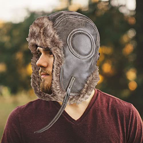 Hoce Unisex Pu Leather Bomber Hat Ushanka Hat Men Women Winter Russian Earflap Hat For Extremely Cold Outdoor, Coffee #TOP4