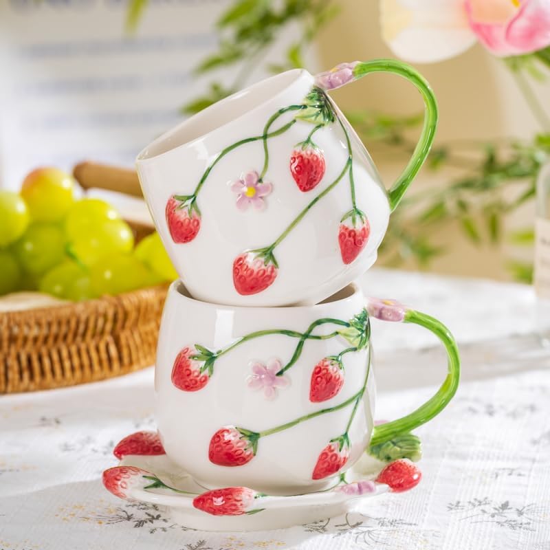 Strawberry Ceramic Coffee Mug and Saucer Set, Cottagecore 3D Embossed Floral Tea Cup (12oz/350ml), Handmade Rustic Aesthetic Teacup for Latte, Cappuccino, Women Gifts