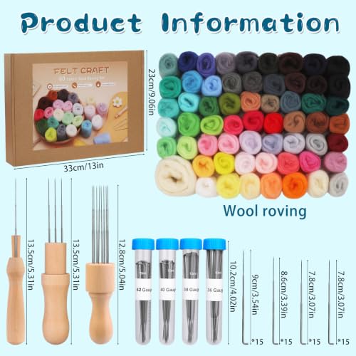 Image of Mayboos 60 Colors Needle Felting Kit with Assorted Wool Roving & Needles | Soft Felting Wool, with 4 Sizes Felting Needles 60 Pcs Total &3 Wooden Handles for Adults & Beginners DIY Felting