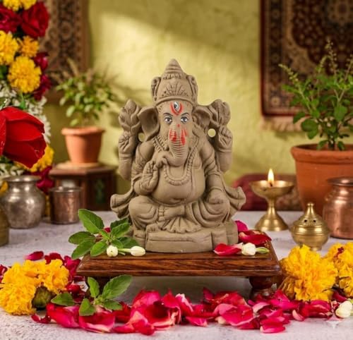 Image of SAUDEEP INDIA 4 Inch Mitti Ganesh Idol for Ganesh Chaturthi | Eco-Friendly Handcrafted Clay Ganpati Murti for Visarjan | Biodegradable Ganesha Statue for Home Pooja Decor & Gift Use