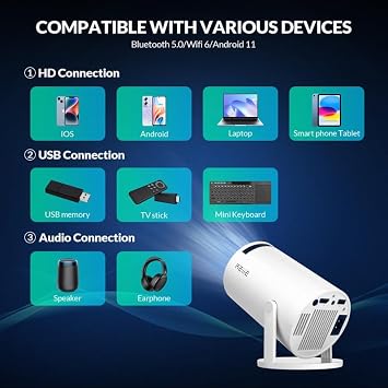 Mini projektör mini taşınabilir projektör, 4K 1080P Full HD destekli, otomatik tuş taşı, mini projektör WiFi 6 BT5.0, 180° döndürülebilir dış mekan/ev film projektörü, entegre Android 11.0 OS