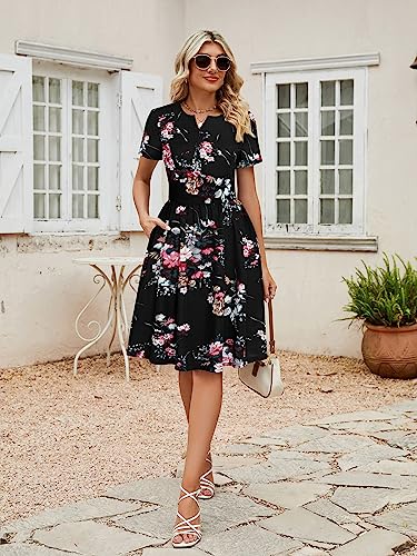 Yathon Women's Elegant Black White Red Flower Casual Party Cocktail Swing Dress Retro Cute V Neck Short Sleeve Pleated A Line Church Dresses (M, Yt028-Black Floral 01) #TOP4