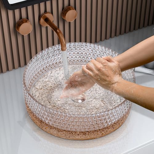 Image of Plantex Round Washbasin for Bathroom /Glass Tabletop Wash Basin /Luxury Transparent Countertop Basin for Home /Office /Hotel (15.5x15.5x5 inch)