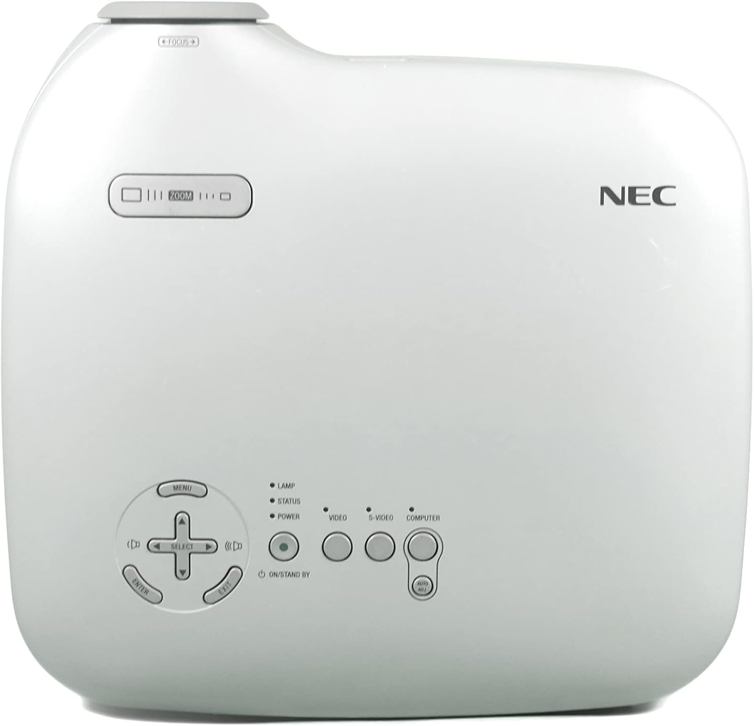 Øverste kontrolpanel på NEC VT37-projektor med knapper til menu, valg, enter, zoom, fokus og valg af input