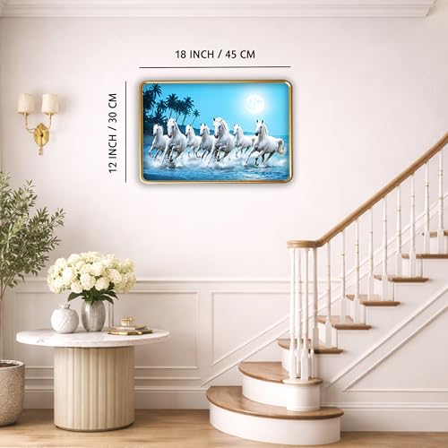 Image of XOPY Seven Running Horses with Golden Frame | Vastu 7 horses Raw Pyrite Painting for Home, Office & Living Room Wall Decore | 12X18 Inch Sparkle Laminated Frame | Best For Gifting (53306, 12X18)