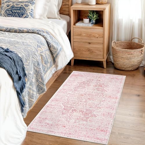 KUTA Vintage Entryway Rug - Indoor Pink Washable 2x3 Non-Slip Ultra Soft Printed Oriental Floral Doormat Accent Rug for Entrance and Bedroom Nursery