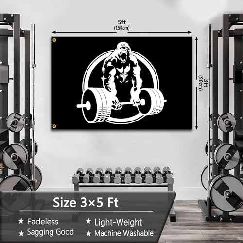 Image of Gorilla Weightlifting Flag 3x5 Ft Motivational Fitness Inspirational Flags for Home Gym Decor College Room Wall Garage Flag Banner Decor (DPOIS-0828)