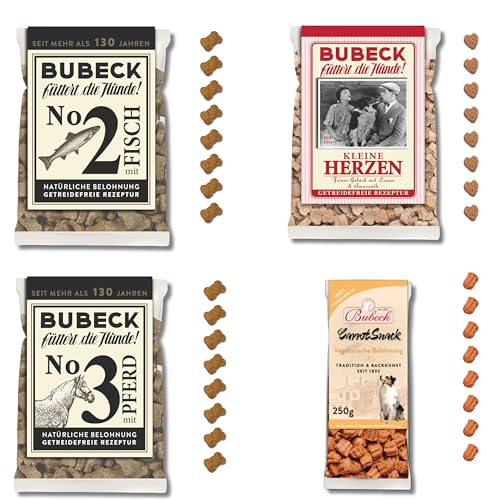 Bubeck Hundekekse Probierpaket 4-teilig – Getreidefrei & Ohne Zucker – Trainingsleckerli Set mit Pferd, Fisch, Lamm und Amaranth-Herzen & Karotte – 4X 210g/250g Belohnungssnacks