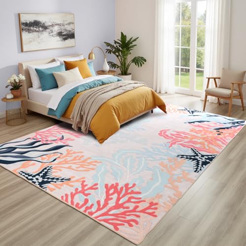 ZOETOOL Washable Vintage Area Rug 4x6, Soft Milk Velvet Printed Carpet for Living Room Bedroom, Non-Slip Low Pile Boho Coral Print Rug, Easy Care Retro Area Rugs for Home Decor