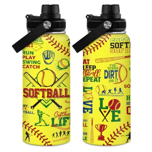 Softball Gift Water Bottle With Lid 32oz Insulated Stainless Steel Sport Bottles - Softball Players Fan Coach
