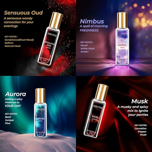 Image of Dionii Eau De Parfum Gift Set for Men and Women | MUSK, AURORA, SENSUOUS OUD, NIMBUS Perfume Set | Long Lasting Fragrance (4 x 20ml Each)