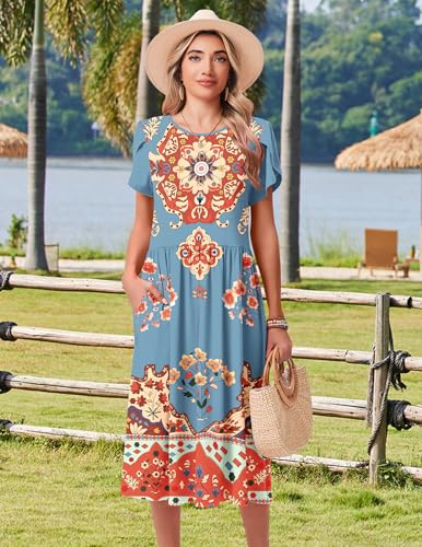 Image of HOTOUCH Women's Summer A-Line Midi Dresses 2026 Casual Floral Short Sleeve T-Shirt Dress Flowy Beach Sundress with Pockets