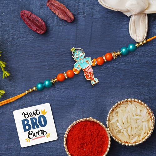 Image of eCraftIndia Multicolor Designer Lord Krishna Kids Rakhis, Best Bro Ever Fridge Magnet with Roli Chawal Pack - Rakhi for Brother, Bhaiya, Bhai