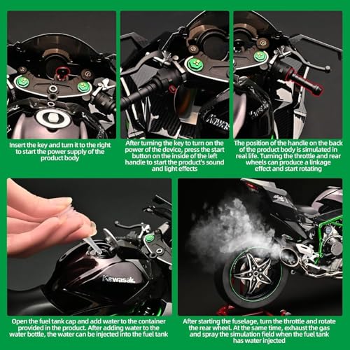 Image of Die Cast Motorcycle Model, 1:6 Scale Kawasaki Ninja H2R, Alloy Racing Motorcycle with Simulation Sound, Working Lights, Rechargeable Battery