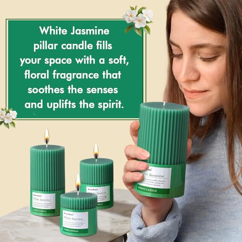 Image of ASIAN AURA Ribbed Pillar Candles - Pack of 3 | Scented Candles for Home Decor, Gifting & Festive Use | Long Burn time up to 36hrs | Clean-Burning Wax & Smokeless Flame (White Jasmine)