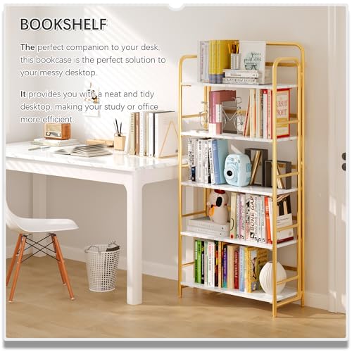 Image of 4NM No Assembly Folding Bookshelf, 5 Tiers Collapsible Book Shelves Open Industrial Foldable Storage Bookcase Shelf for Bedroom, Living Room, Home Office - White and Gold
