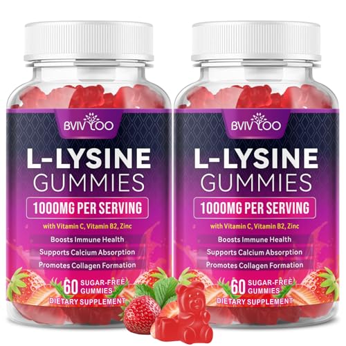2 Pack L-Lysine 1000mg Gummies for Immune Support & Skin Health - High Potency Vegan Gummies Sugar-Free Natural Berry Flavor Gluten-Free Chewable Supplement for Adults & Kids - 120 Gummiess