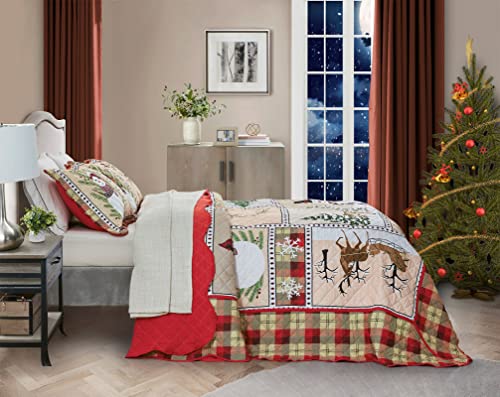 Image of Christmas Oversized Bedspread Cal King Size, Snowman Pattern Bedding Quilt, Rustic Lodge Plaid Patchwork Coverlet Set, Lightweight & Soft Microfiber, 3 Piece, Cal King