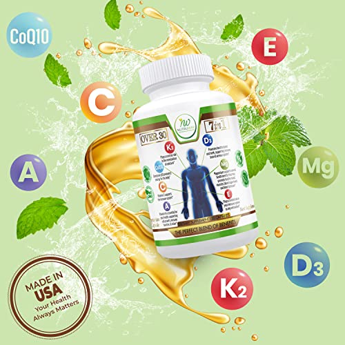 Nutruway “Over 30, 7-In-1” Formula With Vitamin D3 K2, Coq10, Mg, C, E, A – Supports Heart Bone Teeth Vision Muscles Skin & Immune Health - Non-Gmo, Gluten-Free, Vegetarian 30 Ct - Men & Women #TOP1