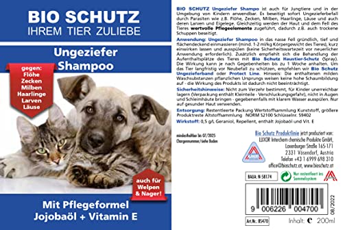 Bio Schutz Ungeziefer Shampoo 200 ml Flasche Gegen Flöhe, Zecken, Milben, Haarlinge und Läuse Beseitigt auch Larven und Eigelege