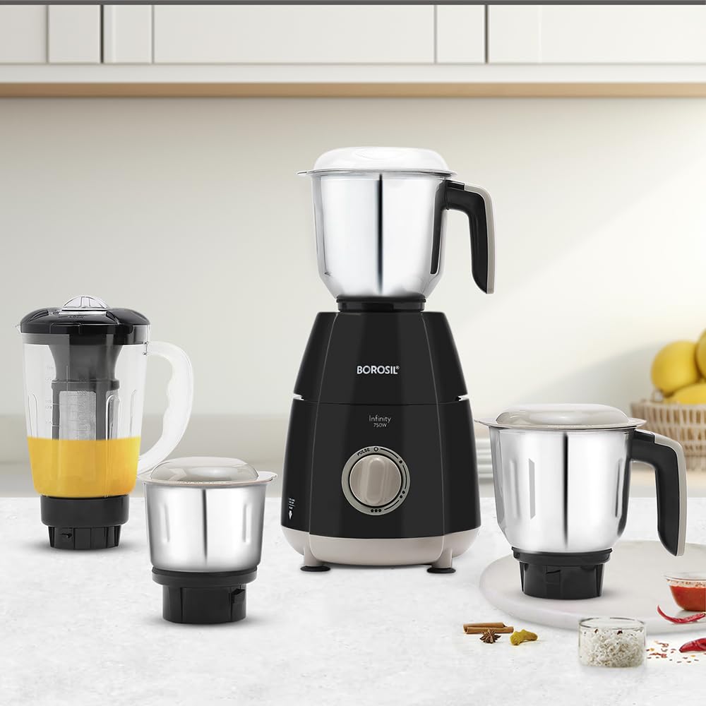 Borosil 750W Infinity Mixer Grinder with 4 Stainless Steel Jars (1.5L Jar with Fruit Filter, 1.5L Blending Jar, 1L Dry/Wet Grinder Jar, 400ml Chutnery Jar), Kitchen Mixie, 5 Years Warranty on Motor-image-44