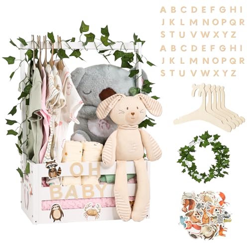 Baby Shower Gifts Basket Wooden Crate, Personalized Wooden Letters and Clothes Hangers New Born Baby Girl Boy Gifts Vine Decorations Cute Closet with Handle Pregnancy Gifts for New Mom Parents White