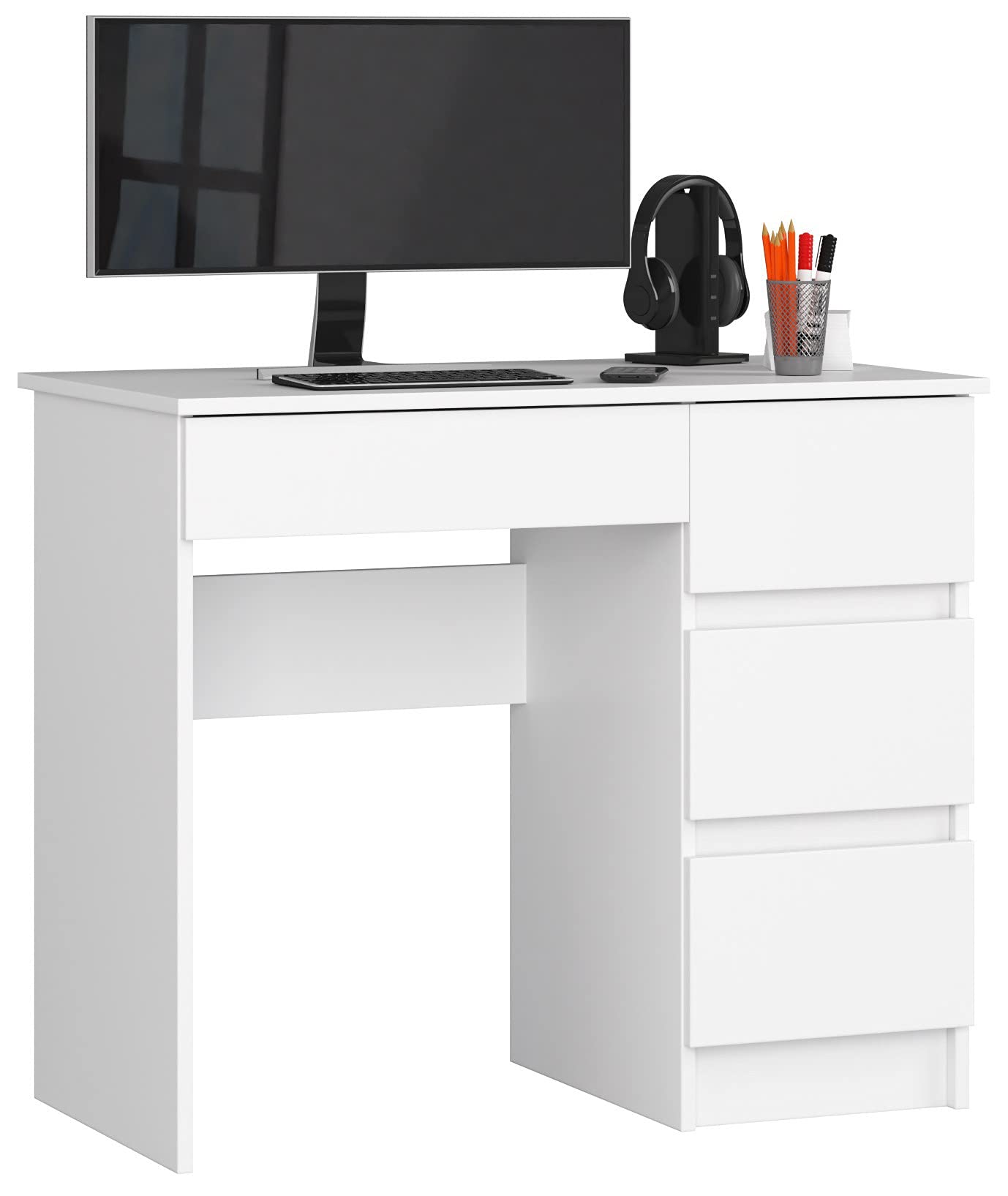 AKORD | Computertisch | Schreibtisch 4 Schubladen | Komfort | Hohe Qualität | Solide | Für Zuhause | Für das Büro | Ergonomie | Für die Arbeit | B90 x H77 x T50 cm | Weiß