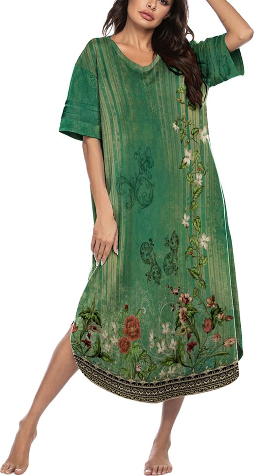 Image of Ekouaer Long Nightgown, Womens V Neck Loungewear Oversized Sleepwear Loose Sleep Dress S-4XL