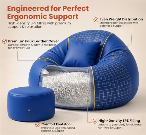 Image of Sattva Piping 4XL Sofa Style Bean Bag with Beans Filled | Faux Leather Bin Bags Sofa Combo + Footstool & Cushion | Filled Beanbags for Adults & Teens | Beans Bag with Beans - Royal Blue /Yellow Piping