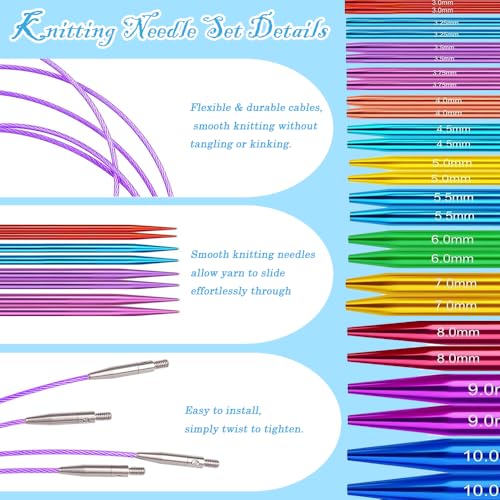 Image of Yarniss 13 Pairs Circular Knitting Needle Set 3.0~10.0mm,4-Inch Interchangeable Aluminum Knitting Needles with 4 Cables,Round Needle with Case
