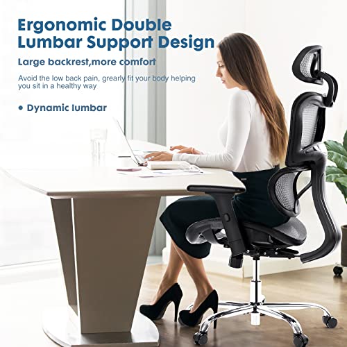 Ergonomic Office Chair, High Back Desk Chair, Swivel Mesh Computer Task Chair With Dynamic Lumbar Support, Tilt Function, Executive Home Office Chair With 3D Adjustable Headrest And Armrests, Grey #TOP5