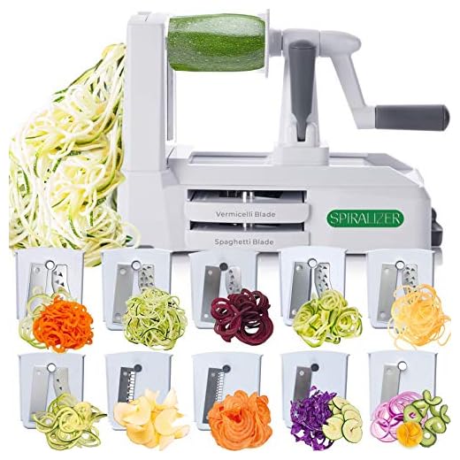 Spiralizer Ultimate 10 Strongest-and-Heaviest Duty Vegetable Slicer Best Veggie Pasta Spaghetti Maker for Keto/Paleo/Gluten-Free, With Extra Blade Caddy & 4 Recipe Ebook White
