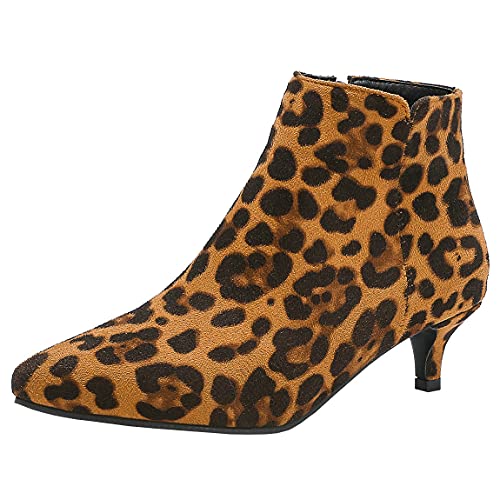 Trendenzy Women's Kitten Heel Booties Pointed Toe Side Zipper Leopard Ankle Boots - Main Image
