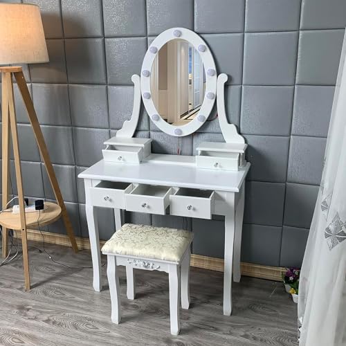 PULLAFUN Vanity Desk with Mirror and Lights, Wood Makeup Dressing Table with Oval Mirror & Stool,3 Colors Lighting Modes,Modern Bedroom Dressing Table with 5 Large Drawers