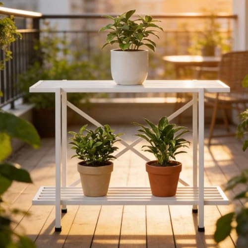 Image of ecofynd Adam Plant Stands for Outdoor Balcony, Flower Pot Stand for Indoor Plants, Large Metal Planter Stand for Living Room, home decor, Indoor & Outdoor plants, 2 Tier, (26 Inch, PS049-WHT)
