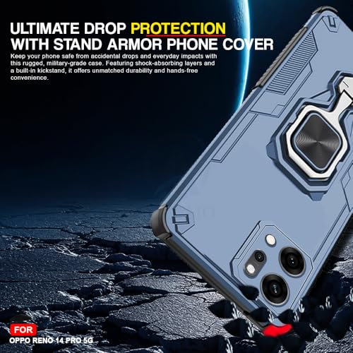 Image of AESTMO Armor Back Cover for Oppo Reno 14 Pro 5G | Ring Holder & Kickstand & Camera Protection in-Built | 360 Degree Protection Back Case Cover (Blue)