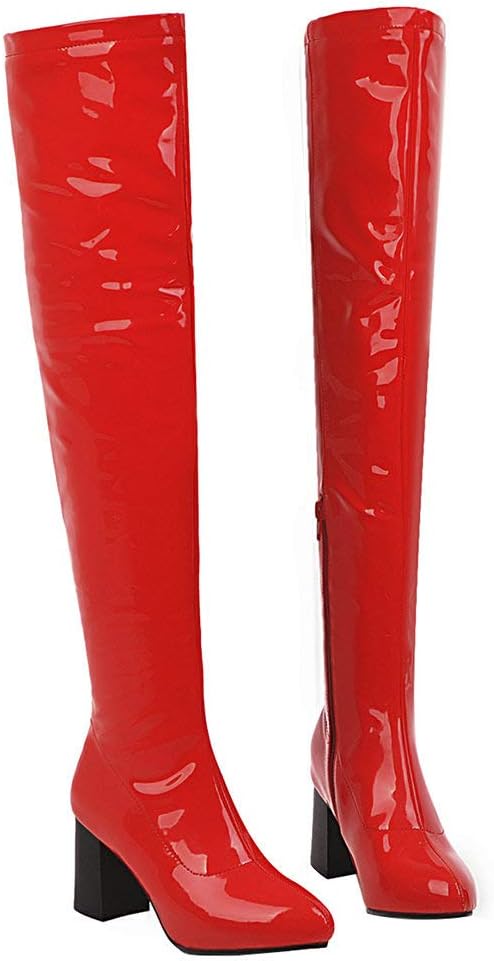 Bellirala Womens Pointy Patent Leather Thigh High Block Heel Over The Knee Boots Zip Up