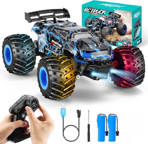 Remote Control Car, 1:18 Scale Rc Cars, All-Terrain RC Truck with LED Light, 20KM/H, Rechargeable, 2WD, 2.4GHz, Sturdy PVC Shell, Remote Control Truck for Boys 4-7 8-12, Beginner