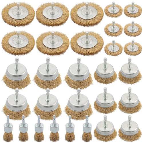 WENORA 30 Pack Wire Brush Wheel for Drill Brass Wire Brush for Drill 1/4 Inch Hex Shank Wire Brush Drill Bit Wire Cup Brush for Rust Removal Wire Brush Drill Attachments